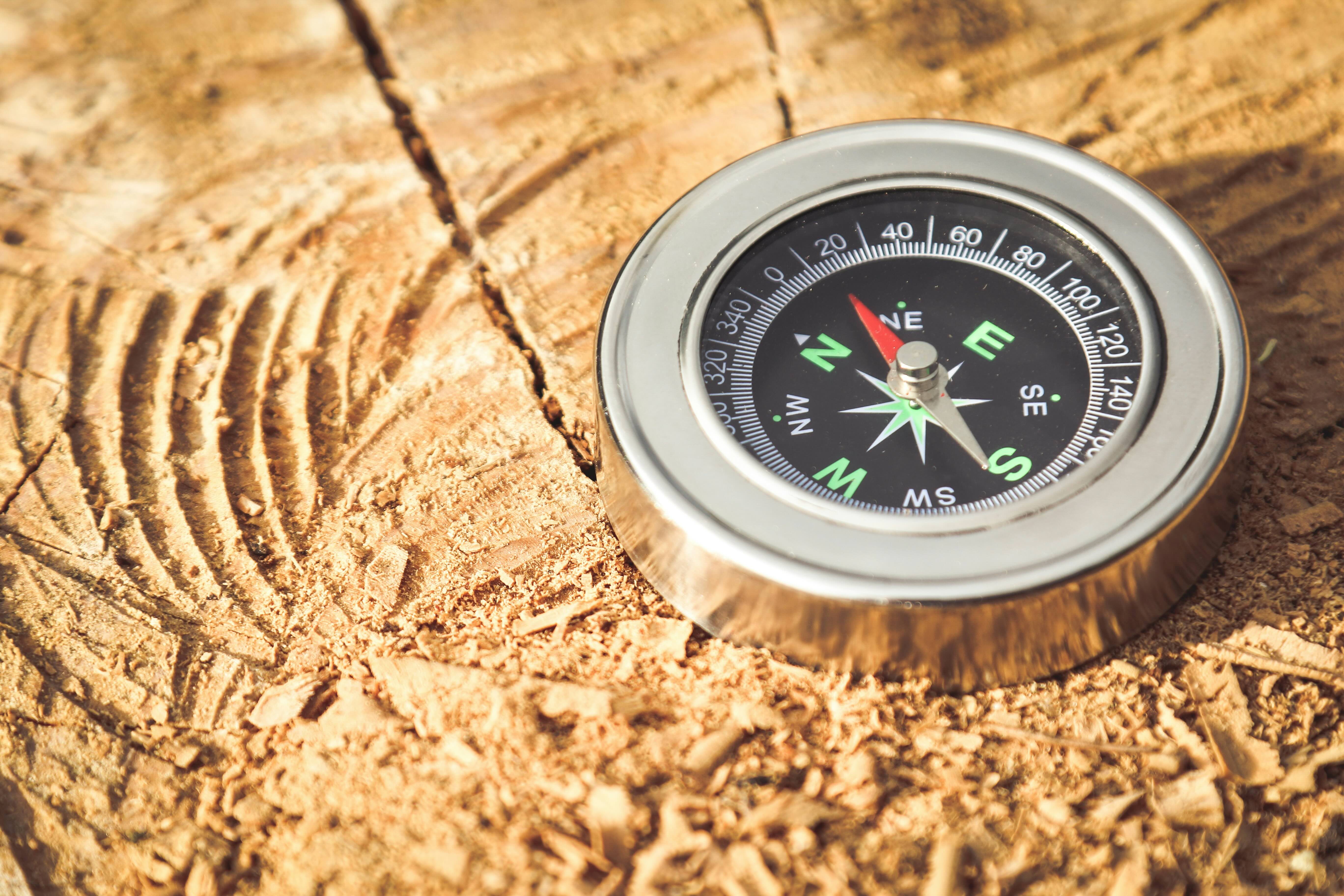 A metal compass with a black face and red needle pointing north lies on a textured, sunlit tree stump, conveying exploration and adventure.